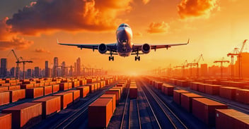 Airplane flying over a train terminal
