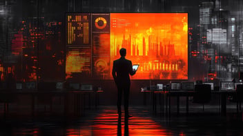 Man looking at a tablet in front of a large screen