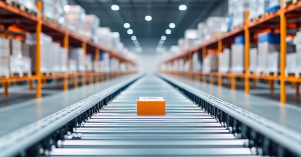 Orange parcel on a conveyor in a distribution center