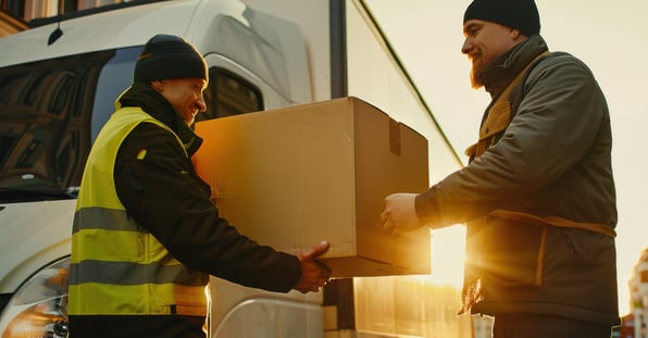 Two men unload a peak season box