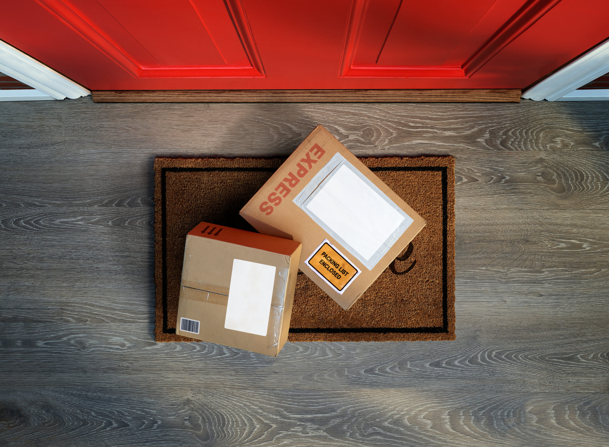 Two packages at a front door